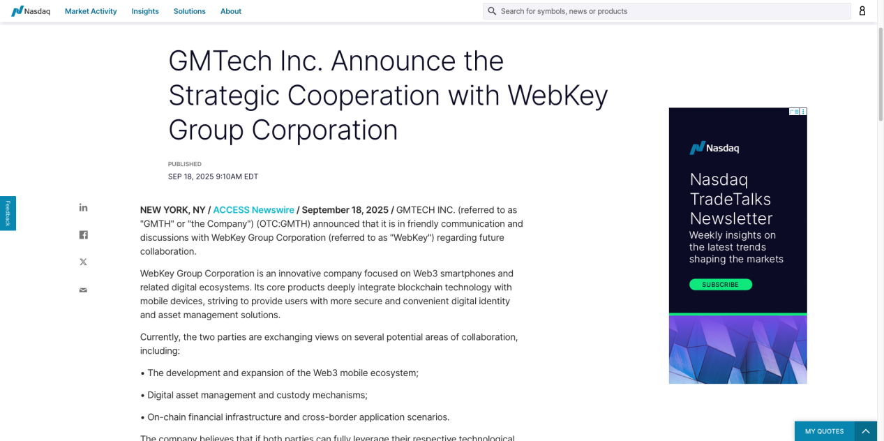 ナスダック上場のGMTech Inc.とWebKeyは戦略的提携を締結した。