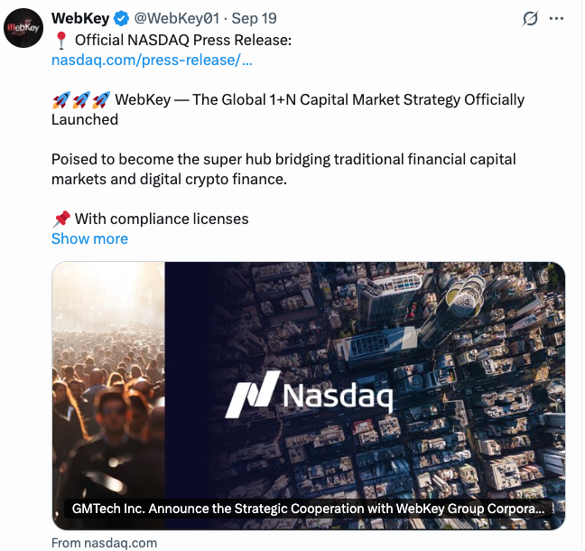 ナスダック上場のGMTech Inc.とWebKeyは戦略的提携を締結した。